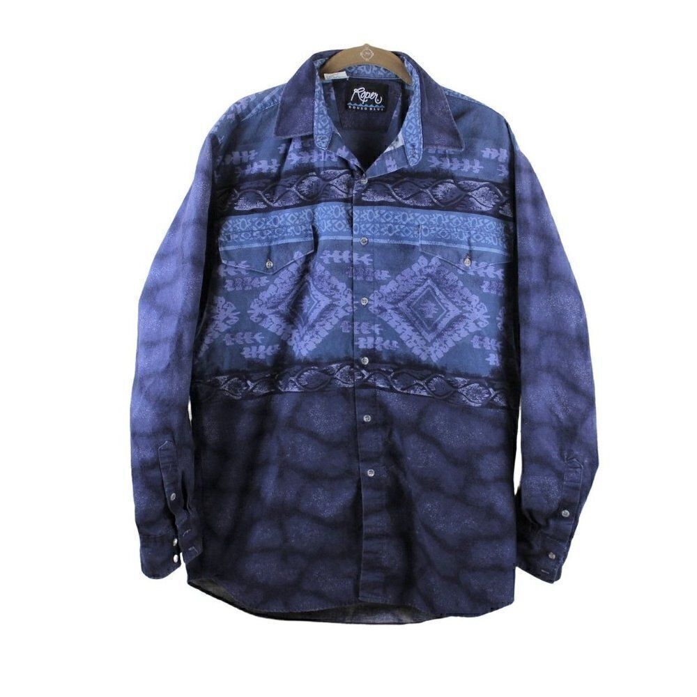 𝅺ROPER Men's L Western Rodeo Cowboy Button Shirt Blue USA